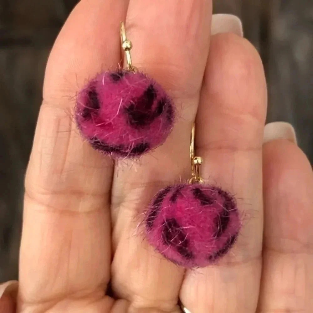 Fuchsia Leopard Fuzzy Furry Pom Pom Drop Earrings NWT